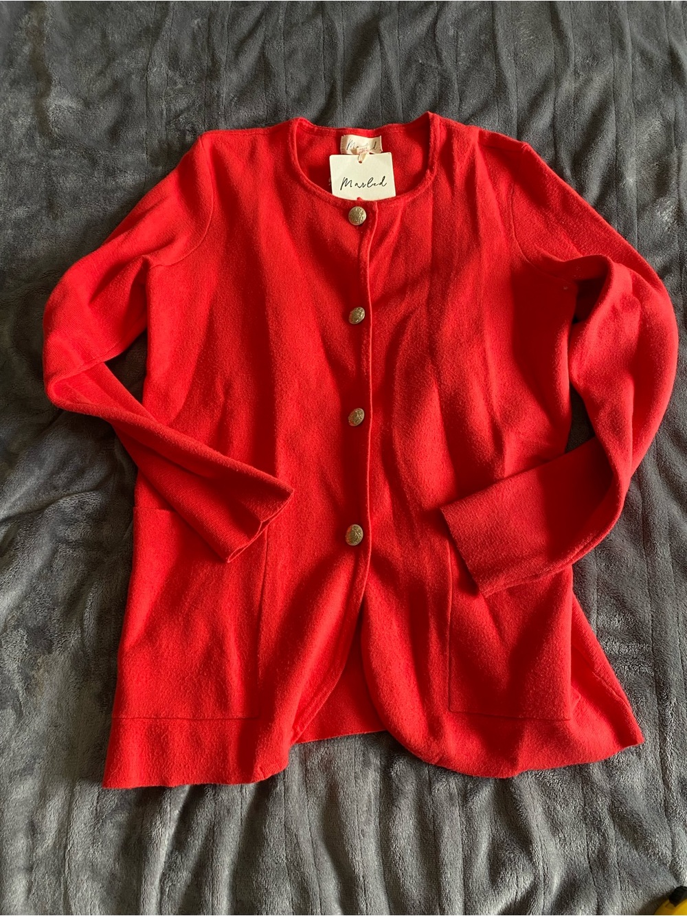 Bright Red Gold Button-Front Knit Cardigan Blazer With Pockets NWT